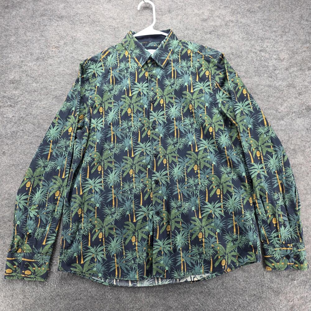John Lennon Shirt Mens Large Blue Palm Tree Pineapple Print Cotton Casual Button